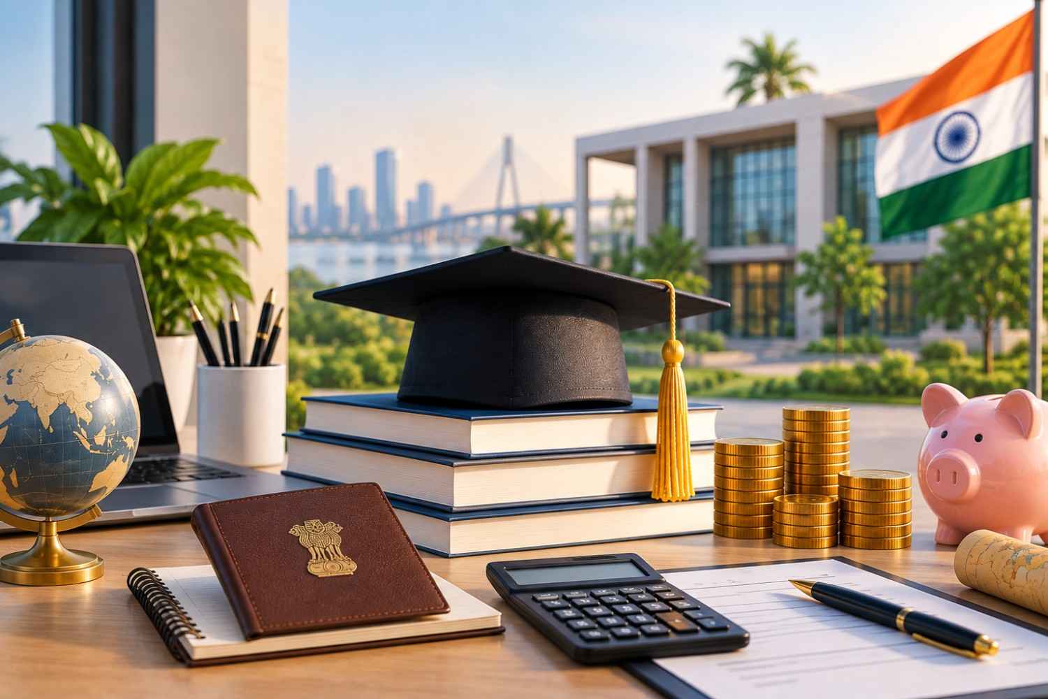 Indian flag, graduation cap, books, coins, piggy bank, calculator and globe representing financial planning for Indian applicants considering BITSoM MBA fees.